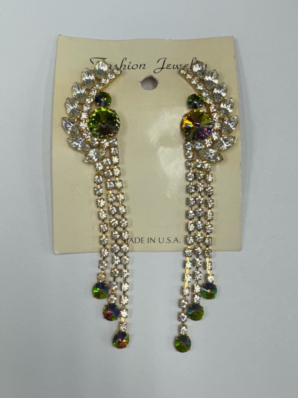 Vintage 90s Aurora Borealis Rhinestone Clip-On Dangle Earrings Gold Tone Glam